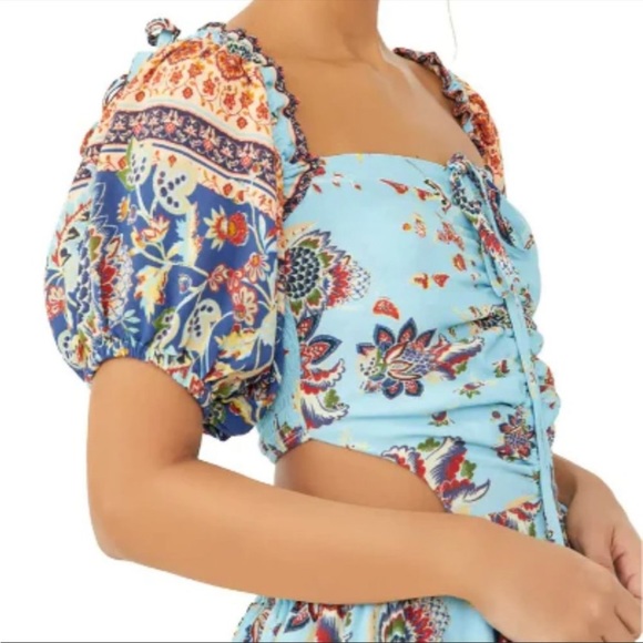 NWT FREE PEOPLE BALI SKIES PAISLEY RUCHED HALTER SHORT PUFF SLEEVES JUMPSUIT - Picture 7 of 7